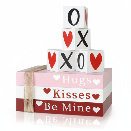 Wooden Valentine Table Decor Set with Book Stack & Heart Signs | Cozy Home Styling for Romantic Spaces