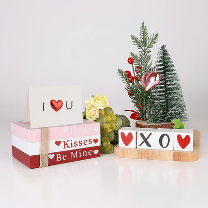 Wooden Valentine Table Decor Set with Book Stack & Heart Signs | Cozy Home Styling for Romantic Spaces