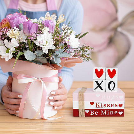 Wooden Valentine Table Decor Set with Book Stack & Heart Signs | Cozy Home Styling for Romantic Spaces
