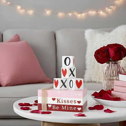 Wooden Valentine Table Decor Set with Book Stack & Heart Signs | Cozy Home Styling for Romantic Spaces
