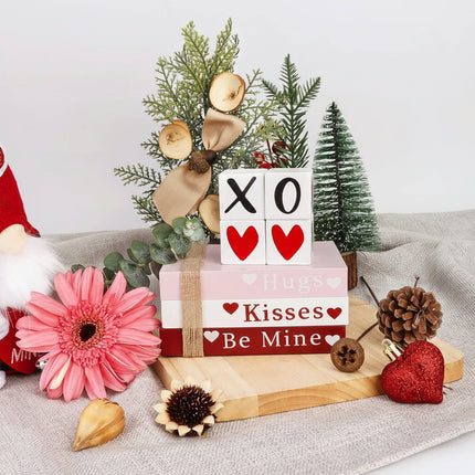 Wooden Valentine Table Decor Set with Book Stack & Heart Signs | Cozy Home Styling for Romantic Spaces