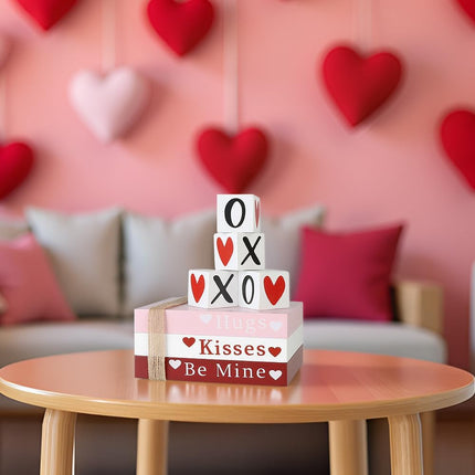 Wooden Valentine Table Decor Set with Book Stack & Heart Signs | Cozy Home Styling for Romantic Spaces