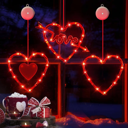 Heart LED Window Lights with Suction Cup Design | Battery-Powered Romantic Decor for Valentine's Day and Holidays