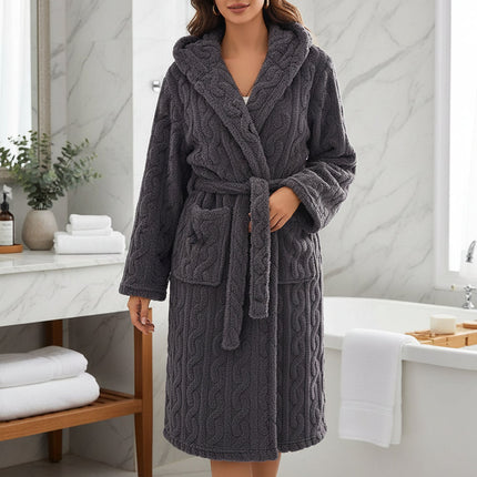 Hooded Coral Bathrobe with Long Sleeves for Warmth | Cozy Everyday Loungewear for Autumn and Winter