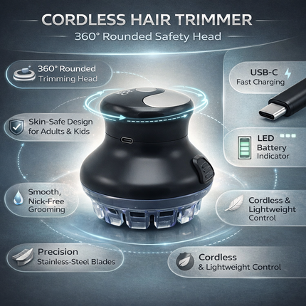 Cordless Hair Trimmer with 360-Degree Rounded Blade | Smooth and Safe Grooming for Home and Travel