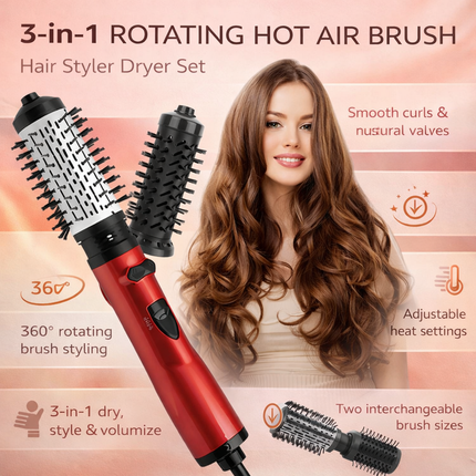 Rotating Hot Air Hair Brush Styler with Adjustable Temperature | 3-in-1 Tool Set for Effortless Curls and Volume