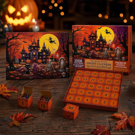 Halloween Advent Calendar Puzzle 1008 Piece, Haunted Castle Halloween Puzzle, 30 Day Halloween Countdown Calendar_00