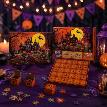 Halloween Advent Calendar Puzzle 1008 Piece, Haunted Castle Halloween Puzzle, 30 Day Halloween Countdown Calendar_01