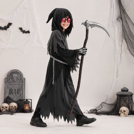 Grim Reaper Hooded Robe Set for Kids with Glowing Eyes | Spooky Costume for Halloween Parties and Dress-Up Events