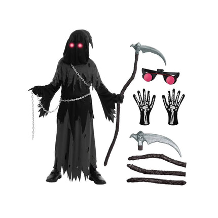 Grim Reaper Hooded Robe Set for Kids with Glowing Eyes | Spooky Costume for Halloween Parties and Dress-Up Events