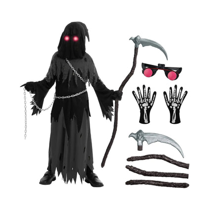 Grim Reaper Hooded Robe Set for Kids with Glowing Eyes | Spooky Costume for Halloween Parties and Dress-Up Events