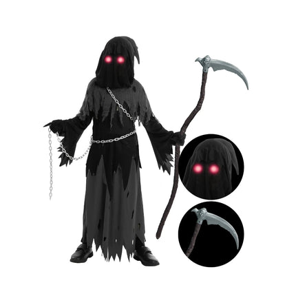 Grim Reaper Hooded Robe Set for Kids with Glowing Eyes | Spooky Costume for Halloween Parties and Dress-Up Events