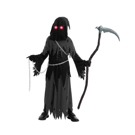 Grim Reaper Hooded Robe Set for Kids with Glowing Eyes | Spooky Costume for Halloween Parties and Dress-Up Events