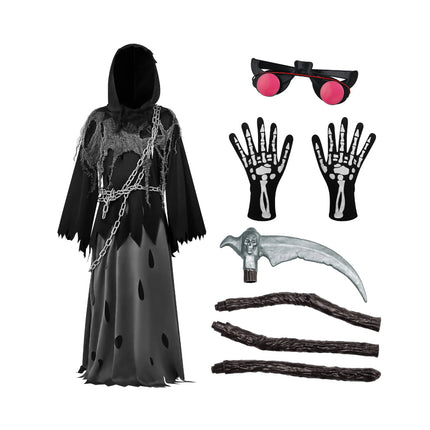 Grim Reaper Hooded Robe Set for Kids with Glowing Eyes | Spooky Costume for Halloween Parties and Dress-Up Events