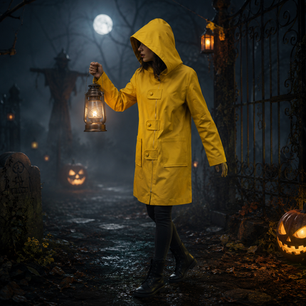 Hooded Raincoat Costume Jacket for Halloween & Cosplay | Practical Zipper Design with Pockets for Themed Events