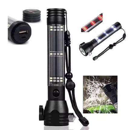 Emergency Solar Flashlight with USB Charging, Power Bank and Tungsten Steel Window Breaker, Multi Function Car Safety Tool