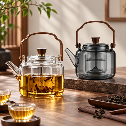 Glass Teapot with Infuser, Heat Resistant Borosilicate Glass Teapot with Wooden Handle for Loose Leaf Tea_00
