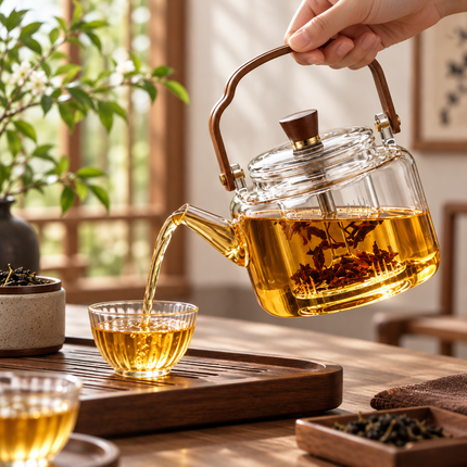 Glass Teapot with Infuser, Heat Resistant Borosilicate Glass Teapot with Wooden Handle for Loose Leaf Tea_02