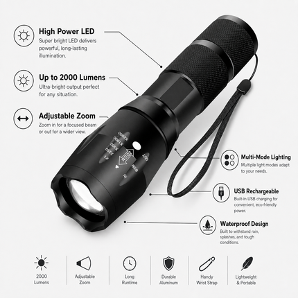 High Power Tactical Flashlight with 2000 Lumens & Adjustable Zoom | Waterproof Multi-Mode Light for Outdoor Adventures