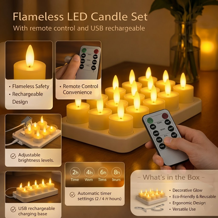Flameless LED Candle Set with Remote Timer | USB Rechargeable for Safe Home Ambiance