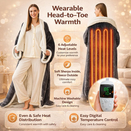 Electric Heated Blanket with Wearable Design & 6 Heat Settings | Cozy Sherpa Fleece for Ultimate Comfort
