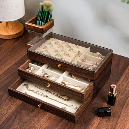 Jewelry Box Organizer with Clear Top Panel | Multi-Layer Storage for Easy Access and Display of Rings, Earrings, and Necklaces