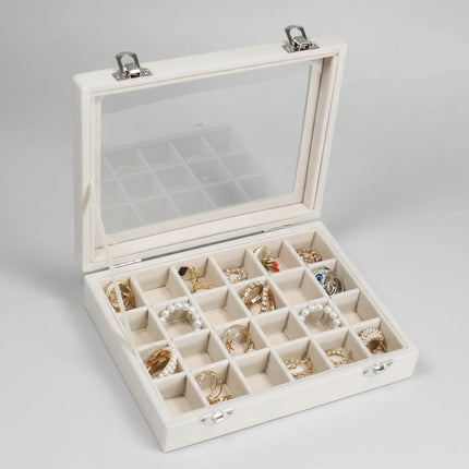 Jewelry Organizer Tray with Glass Lid & Adjustable Compartments | Velvet Storage for Rings and Earrings