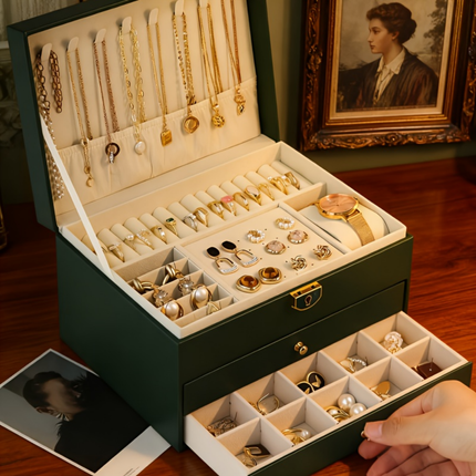 Lockable Jewelry Box Organizer with Three-Layer Design | Compact Storage for Rings, Earrings, and Necklaces
