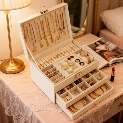 Lockable Jewelry Box Organizer with Three-Layer Design | Compact Storage for Rings, Earrings, and Necklaces
