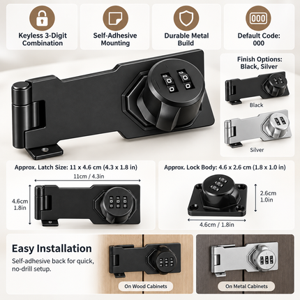 Combination Lock for Cabinets and Drawers, Keyless Cabinet Lock with Self Adhesive Mount, Metal Drawer Lock Latch_04