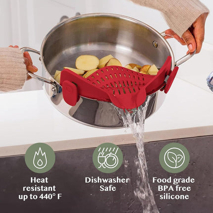 Kitchen Strainer Clip-on Pasta Colander with Fine Drain Pattern | Quick Draining for Easy Food Preparation