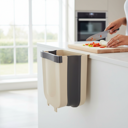 Hanging Kitchen Trash Can with Quick-Open Lid | Foldable Plastic Bin for Easy Countertop Cleanup