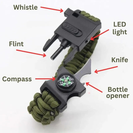 Tactical Survival Bracelet with Compass, LED Flashlight, Emergency Whistle and Flint Fire Starter, Camping Gear, 3 Colors