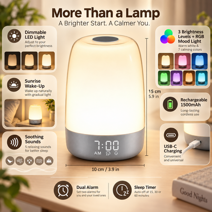 Rechargeable Night Light Dimmable, Sunrise Wake Up Light with Dual Alarm, White Noise Machine with Nature Sounds_04