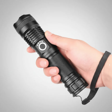 High-Power LED Flashlight with Rechargeable USB Design | Tactical Camping Torch for Outdoor and Emergency Use