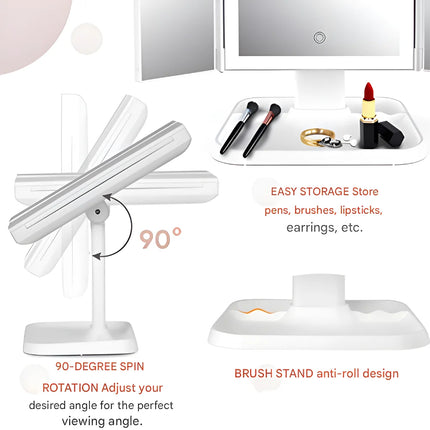 LED Makeup Mirror with Triple Lighting & Adjustable Magnification | Foldable Design for Space-Saving Grooming