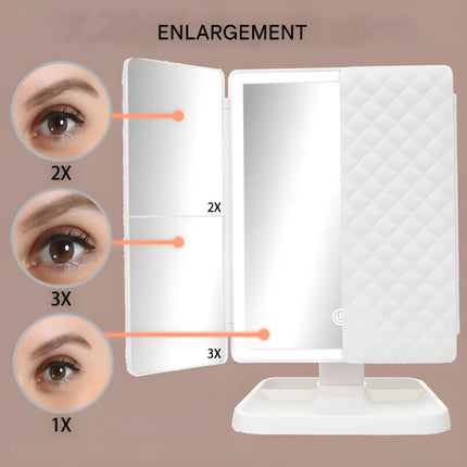 LED Makeup Mirror with Triple Lighting & Adjustable Magnification | Foldable Design for Space-Saving Grooming