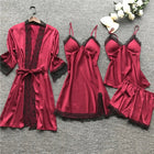 Womens Pajama Set 4 Piece with Silk Robe, Luxury Sleepwear with Lace Trim
