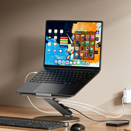 Adjustable Laptop Stand with 360-Degree Rotating Base & USB-C Ports | Enhanced Viewing and Connectivity for Work and Study