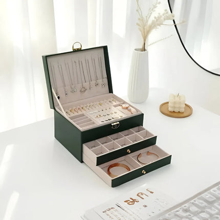 Multilayer Leather Jewelry Box with Textured Design | Compact Organizer for Rings and Accessories