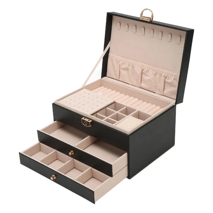 Multilayer Leather Jewelry Box with Textured Design | Compact Organizer for Rings and Accessories