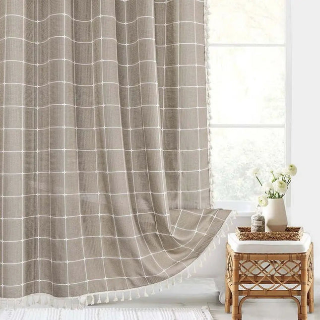 Linen Shower Curtain with Hooks, Waterproof Shower Curtain with Tassels and Grommets, Boho Farmhouse Shower Curtain