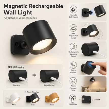 Wall Sconce, Rechargeable Wall Light with Magnetic 360 Rotating Mount, Wireless Wall Lamp with Touch Control_06