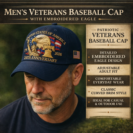 Men's Patriotic Baseball Cap with Eagle Embroidery | Adjustable 250th Anniversary Hat for Outdoor Events