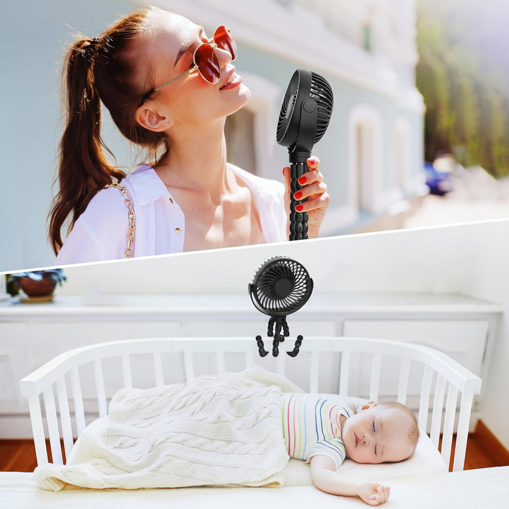 Compact clip-on baby stroller fan for outdoor walks