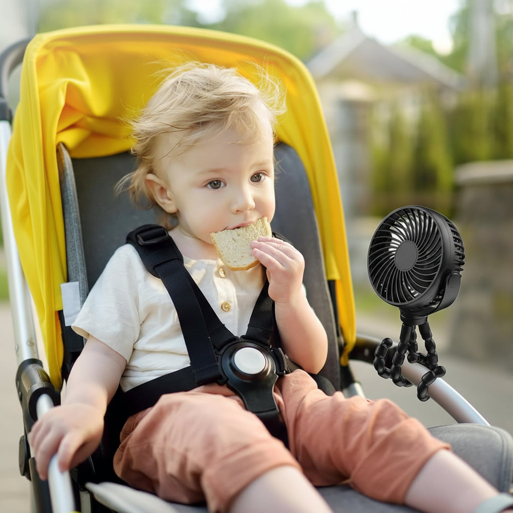 Rechargeable portable stroller fan with adjustable airflow