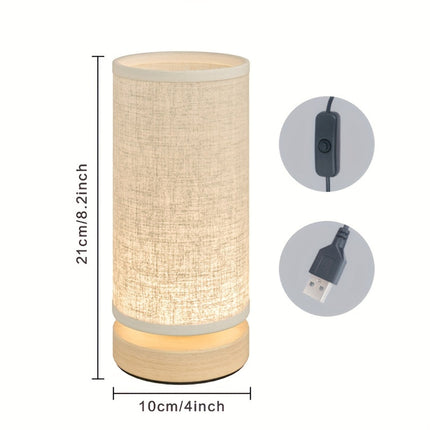 Wooden Table Lamp with Soft Linen Shade | USB-Powered LED Light for Cozy Ambience