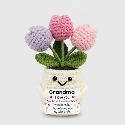 Crochet Flower Keepsake for Mom with Wooden Stand | Handmade Desk Decor Gift for Mother's Day