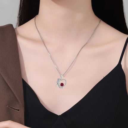 Heart Pendant Necklace with Zircon Stone & Rose Bear Gift Box | Elegant Jewelry Gift for Women