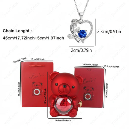 Heart Pendant Necklace with Zircon Stone & Rose Bear Gift Box | Elegant Jewelry Gift for Women